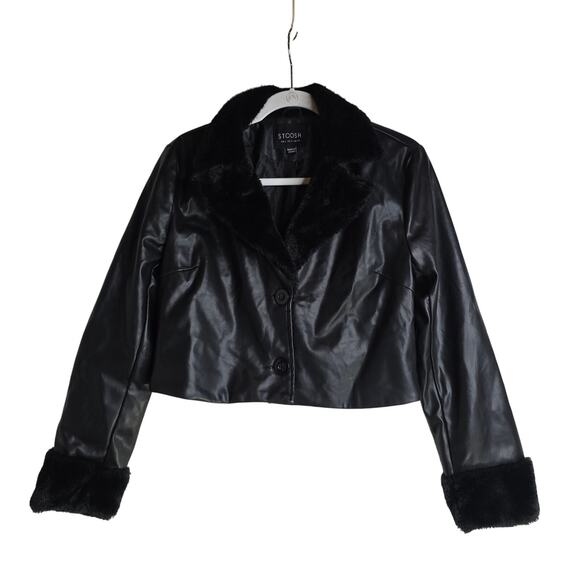 Black Faux leather Sm Fur collars n sleeve accent. Croptop. Big Buttons. Stylish - Picture 1 of 13